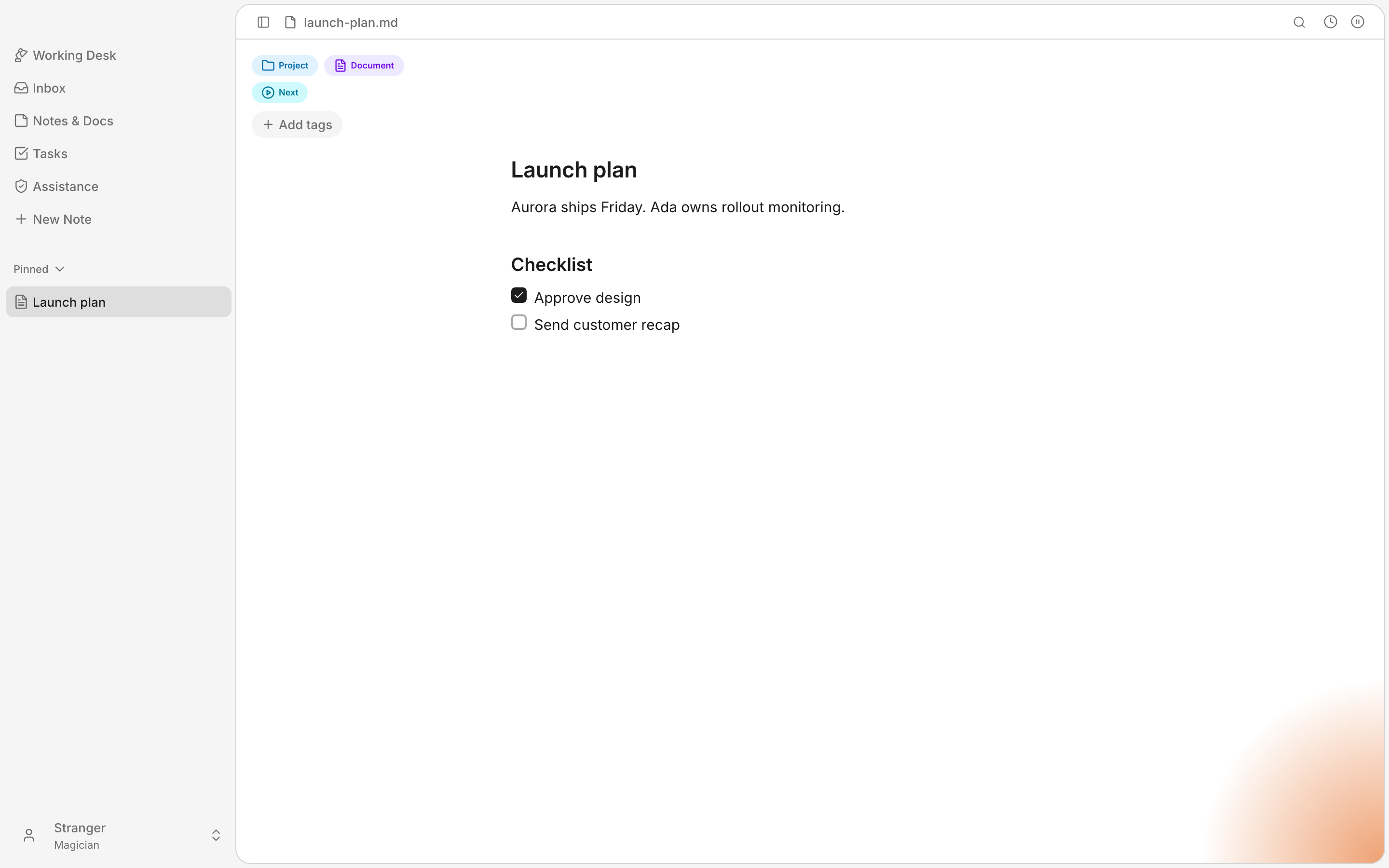 Lutin desktop editor showing an editable document with tags and a checklist