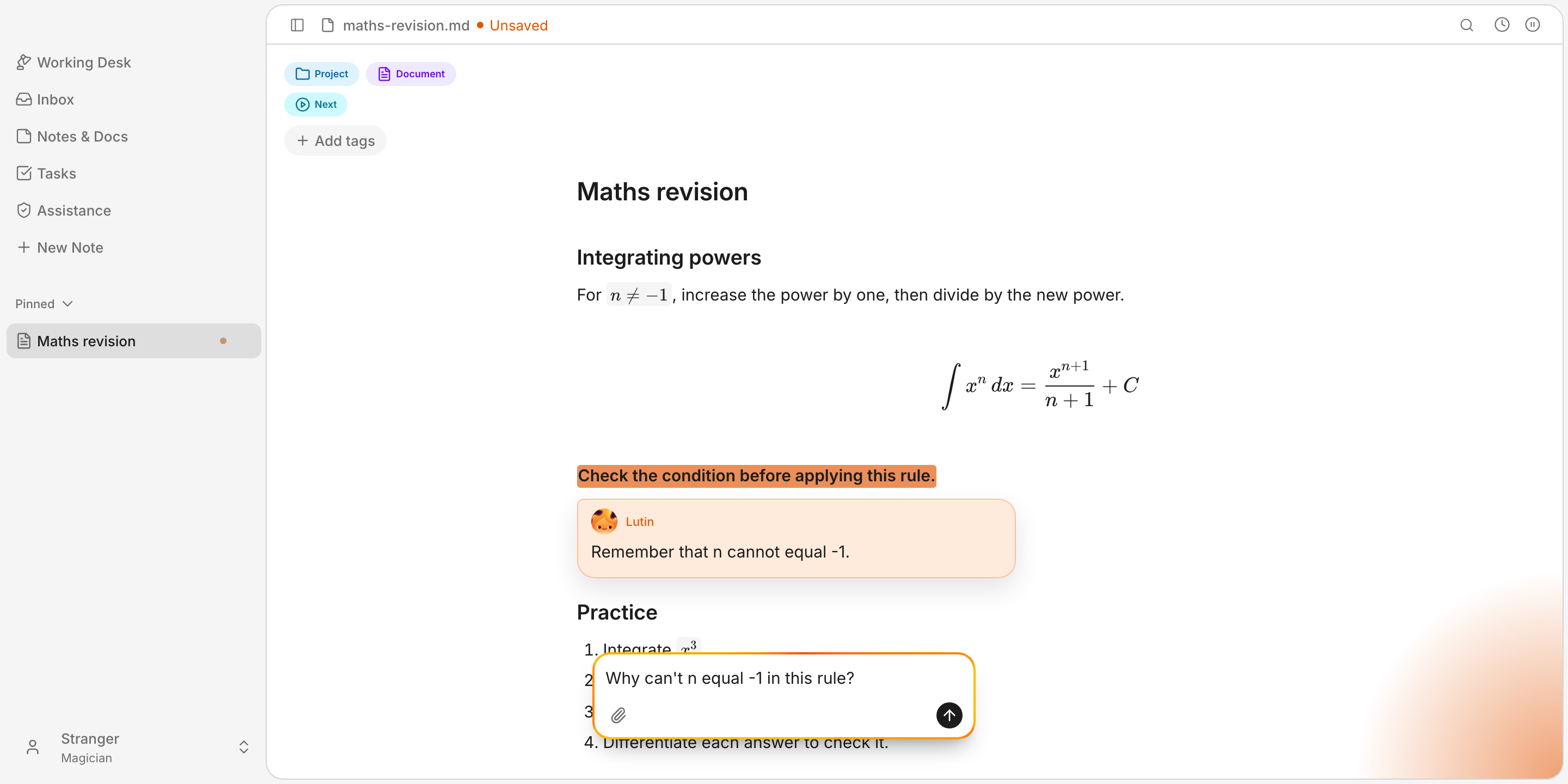 A complete Lutin desktop screen with a maths document, rendered equations, an inline Lutin comment, and the Ask Lutin field