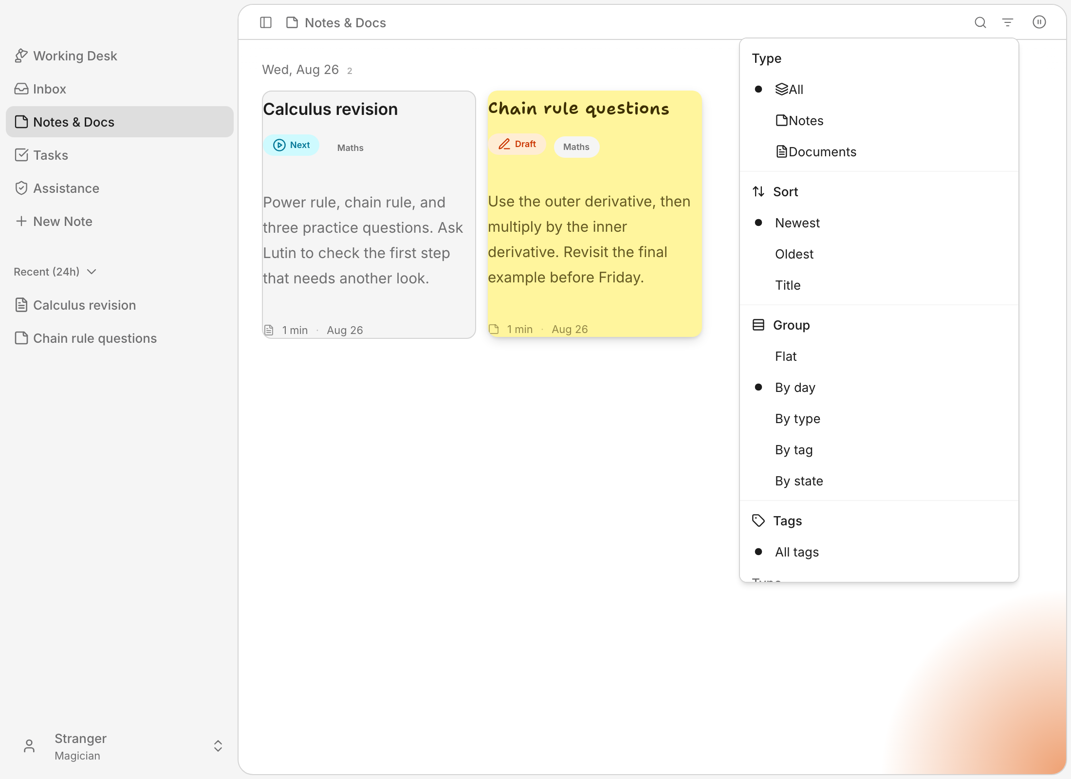 The complete Lutin Notes and Documents screen with notes, documents, and the tag filter open