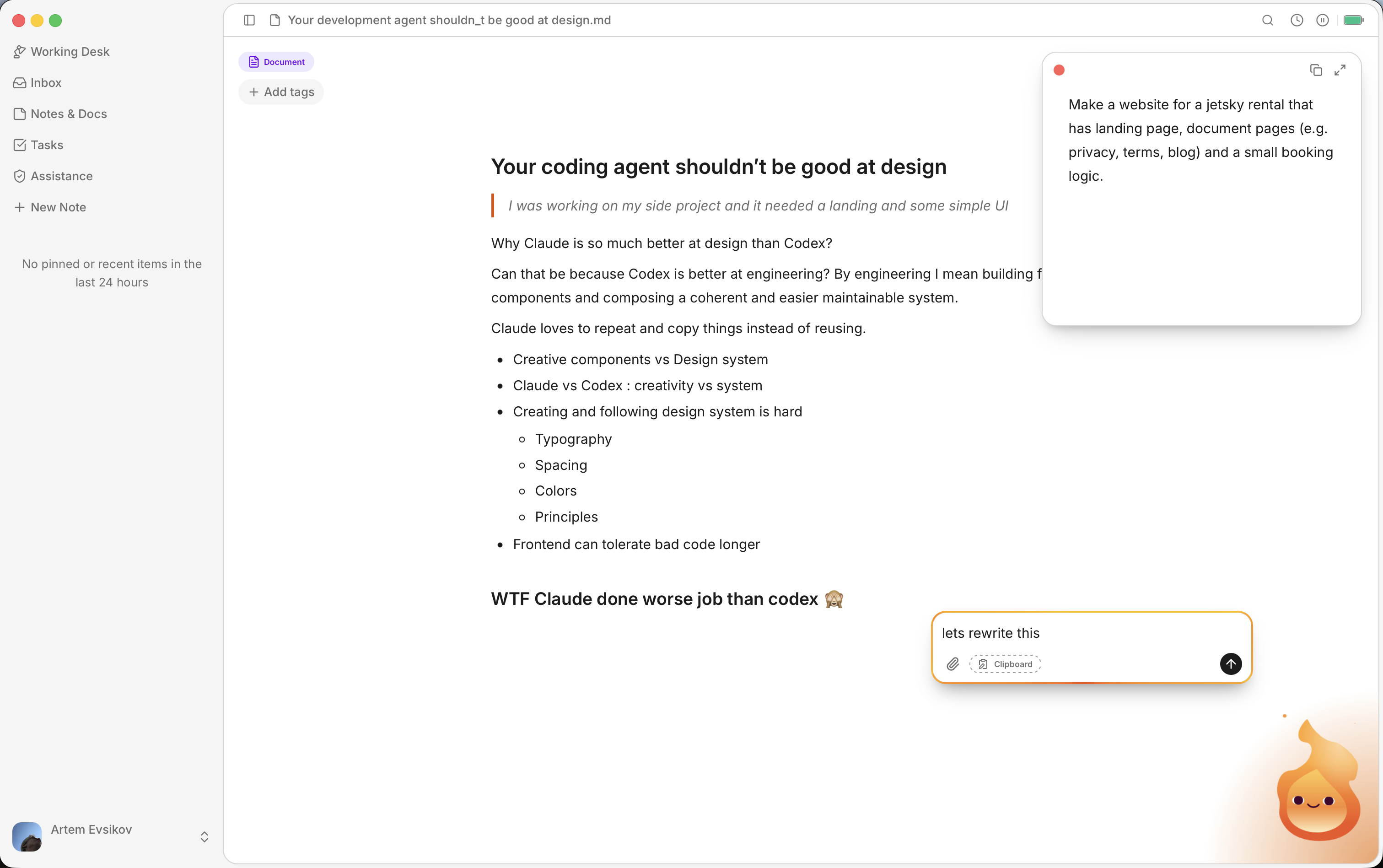 Lutin for Mac showing an editable document with the assistant and activity feed